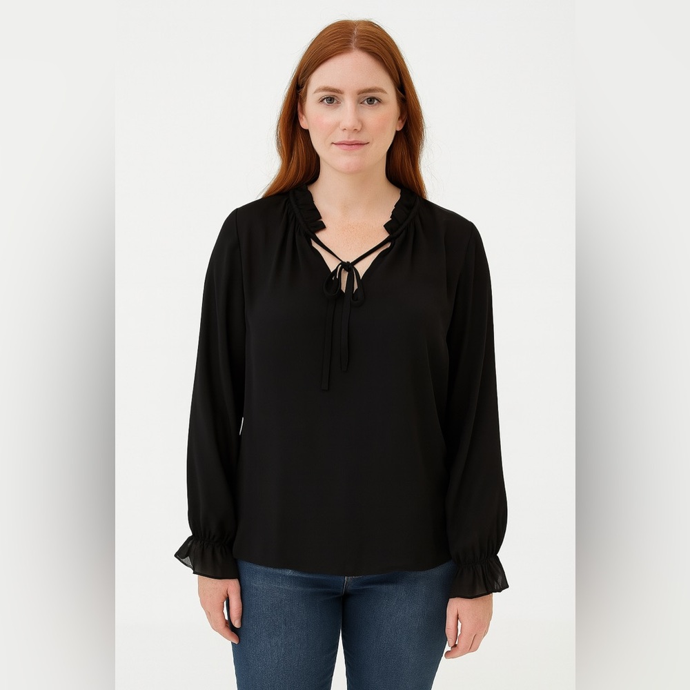 Jon & Anna Blouse Women‎ Medium Black Excellent Ruffle Tie Neck Long Sleeve